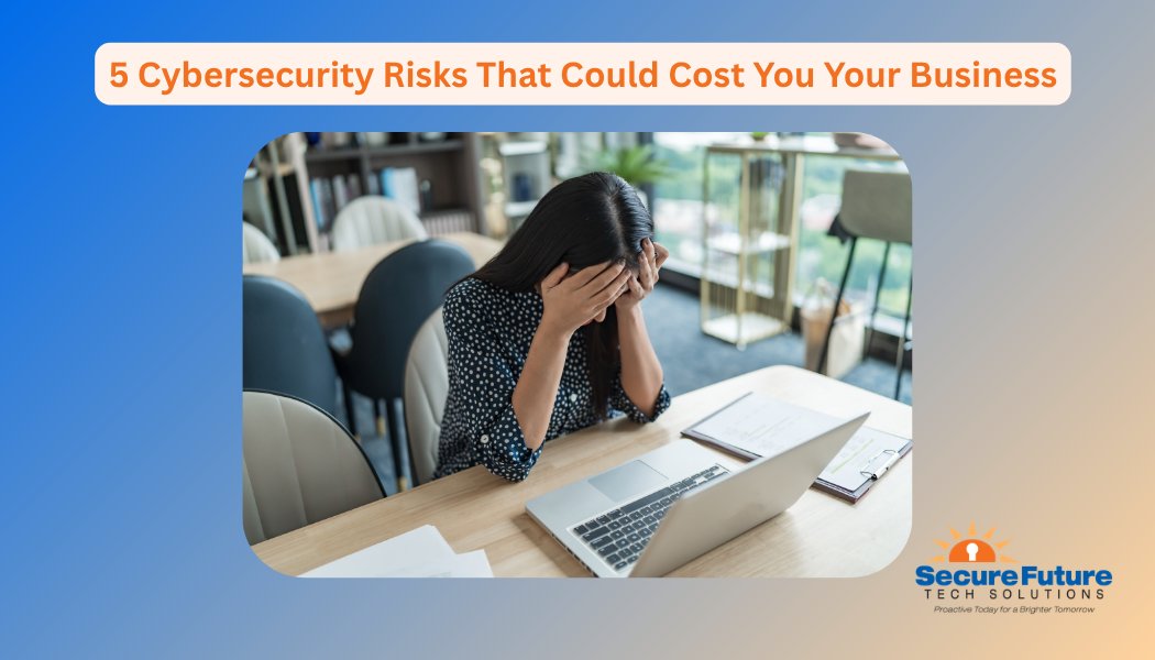 Stressed woman at laptop with cybersecurity risks headline