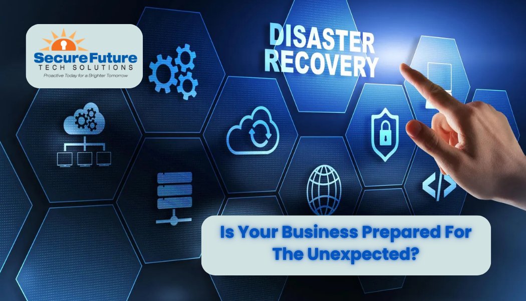 Hand points to disaster recovery text on tech hexagon background